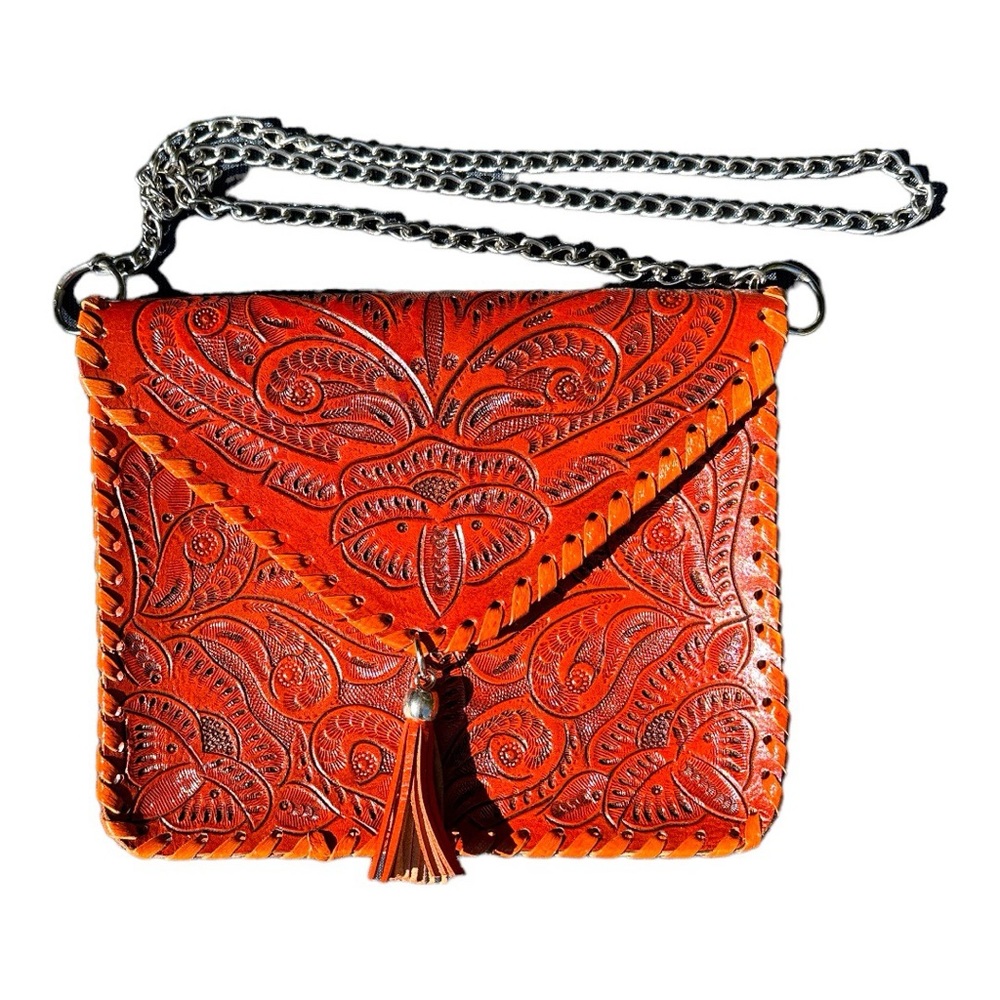 Leather Tooled Crossbody Purse Mexican Handbag Handmade Dark Orange